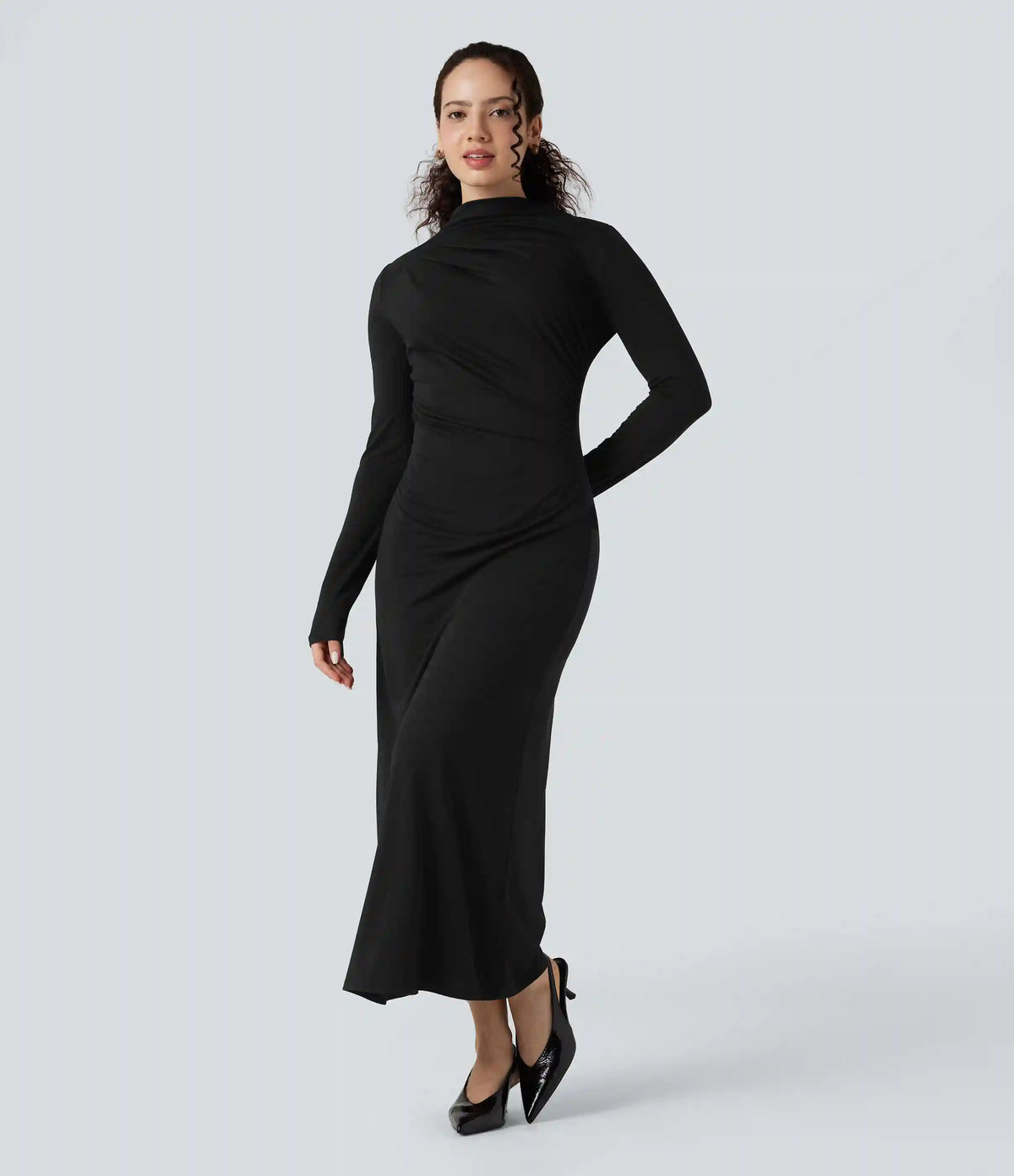 Mock Neck Long Sleeve Midi Casual Dress