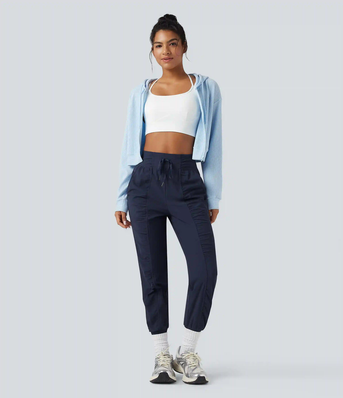 High Waisted Drawstring Ruched Tapered Quick Dry Cool Touch Dance Joggers with Pockets-UPF40+