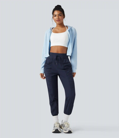 High Waisted Drawstring Ruched Tapered Quick Dry Cool Touch Dance Joggers with Pockets-UPF40+