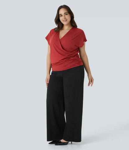 V Neck Cap Sleeve Crossover Ruched Solid Work Plus Size Blouse