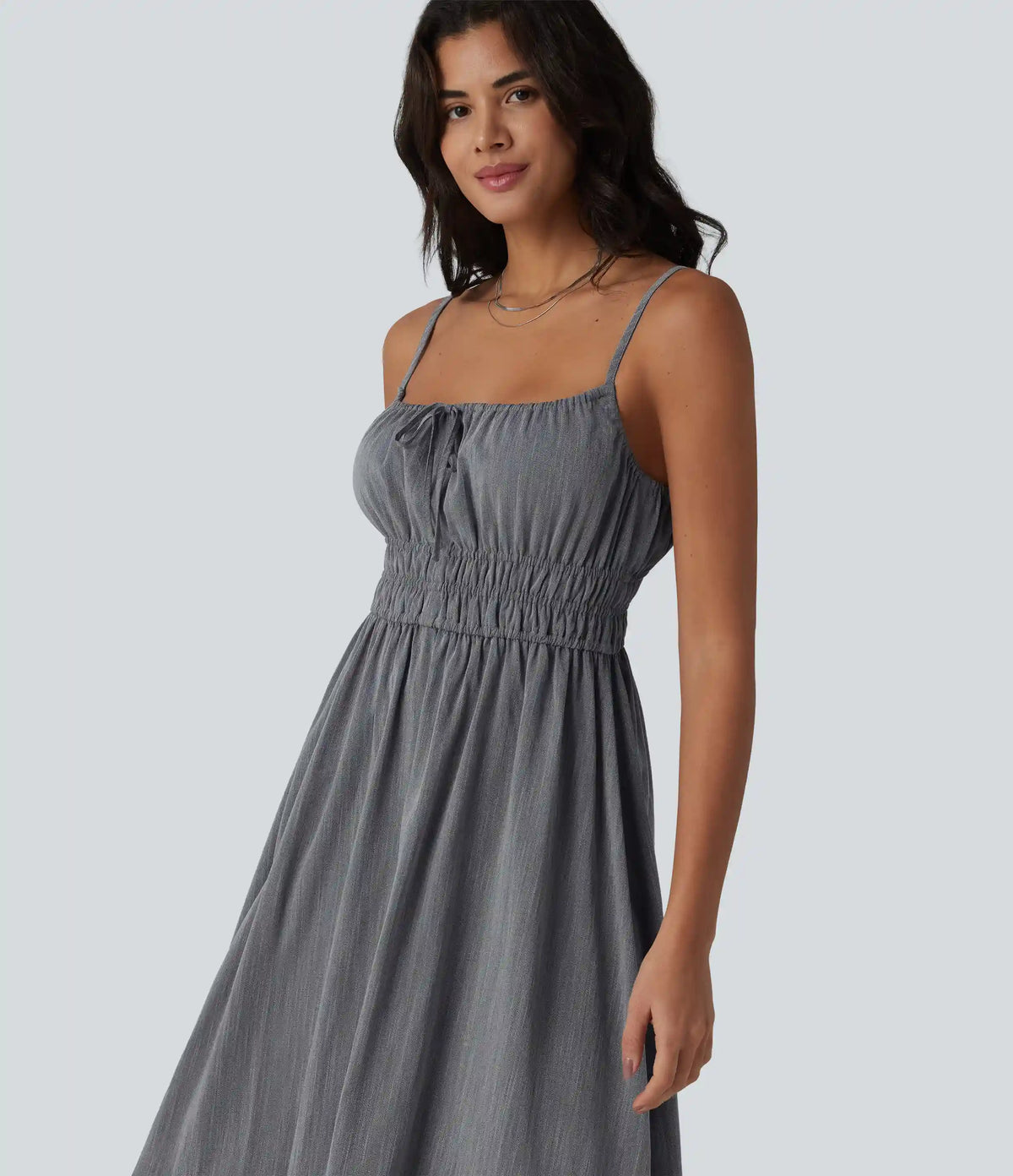 Tie Front Flowy Midi Casual Linen-Feel Slip Milkmaid Dress