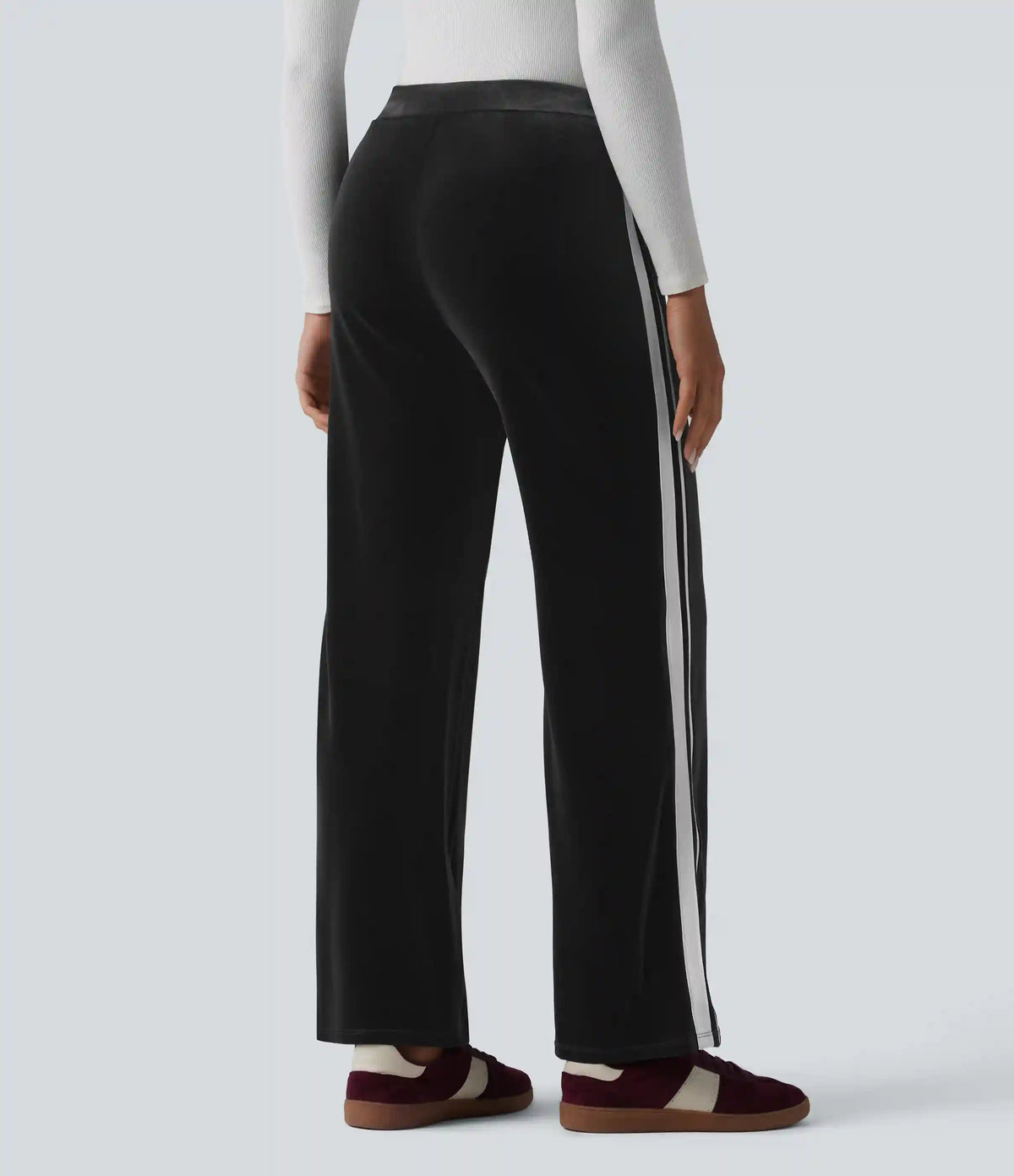 Low Rise Color Block Stripes Velvet Casual Flare Pants with Pockets