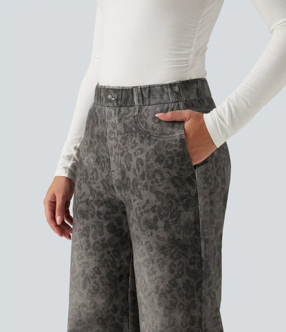 Mid Rise Wide Leg Leopard Denim Print French Terry Casual Sweatpants Jeans with Pockets