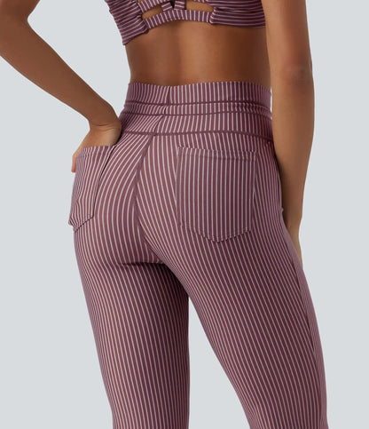 High Waisted Drawstring Stripe Flare Yoga Pants with Pockets