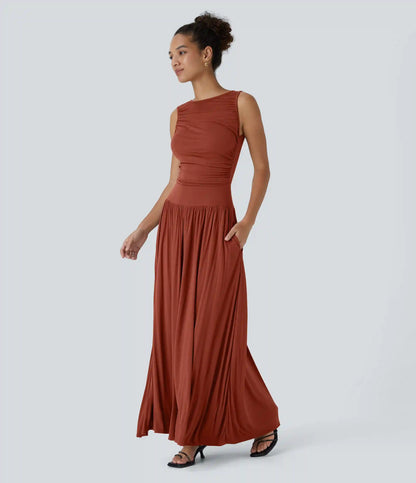 Ribbed Boat Neck Asymmetric Strap Ruched Pocket Flowy Maxi Casual Dress