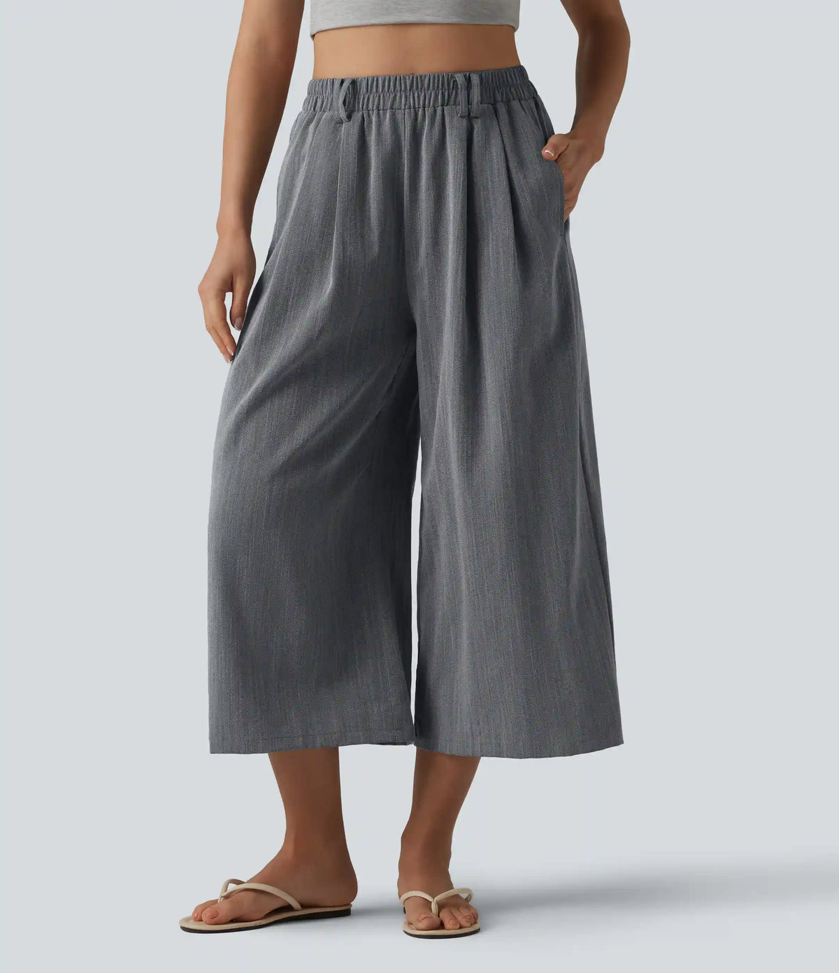 High Waisted Belted Linen-Feel Casual Cropped Baggy Pants with Pockets