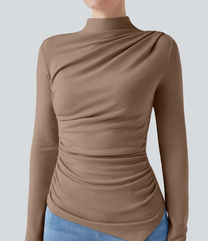 Mock-neck Long Sleeve Ruched Asymmetric Hem Thermal Casual Top