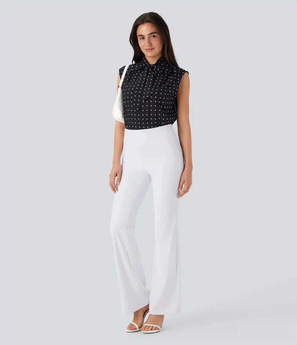 Tie Front Sleeveless Polka Dot Work Shirt