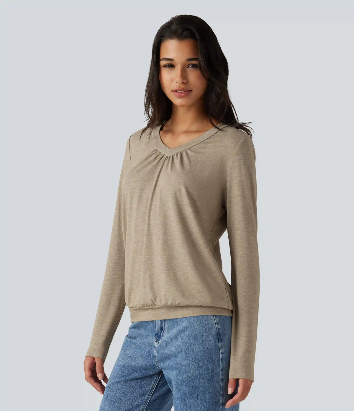 V Neck Ruched Long Sleeve Casual Top