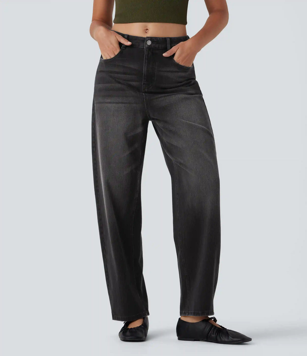 Halara Flex™ High Waisted Washed Casual Barrel Leg Jeans with Pockets