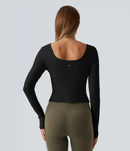 SoftlyZero™ Plush Round Neck Thumb Hole Long Sleeve Yoga Sports Top with Built-in Bra
