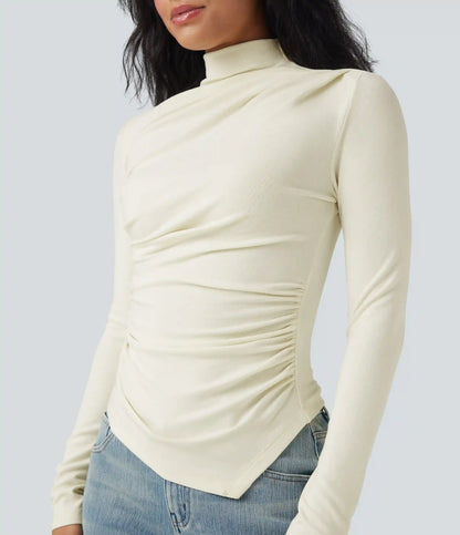 Mock-neck Long Sleeve Ruched Asymmetric Hem Thermal Casual Top