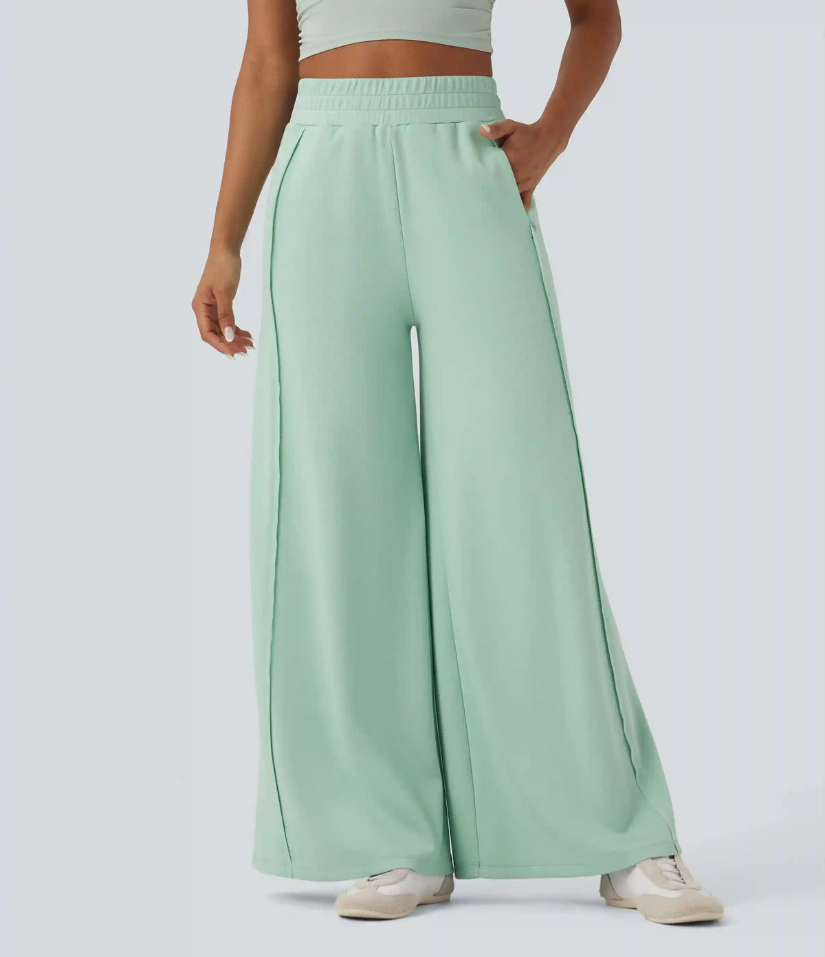 High Waisted Wide Leg Micro Waffle Casual Pants with Pockets