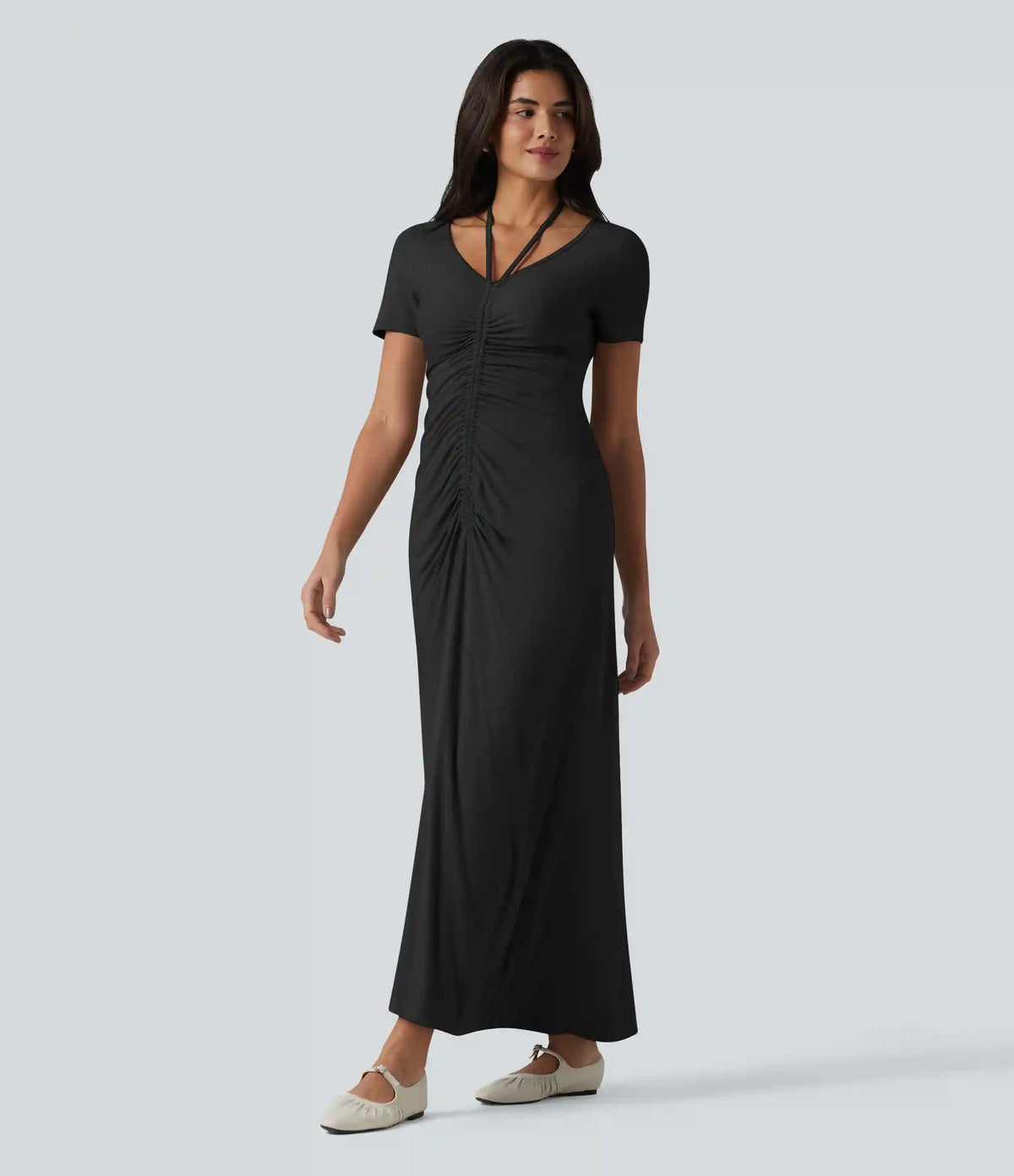 V-neck Short Sleeve Drawstring Ruched Maxi Casual Dress