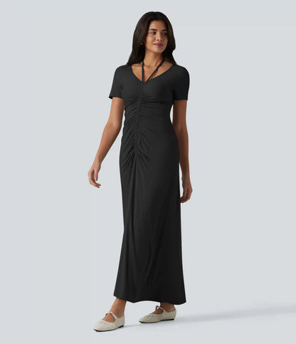 V-neck Short Sleeve Drawstring Ruched Maxi Casual Dress