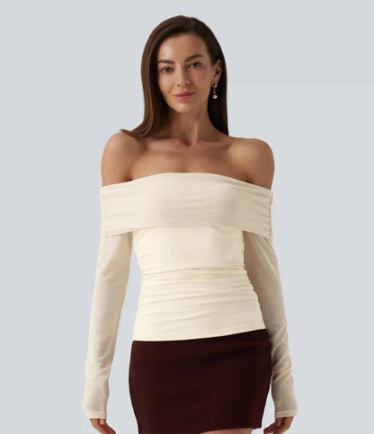 SoftlyZero™ Plush Off Shoulder Mesh Long Sleeve Top