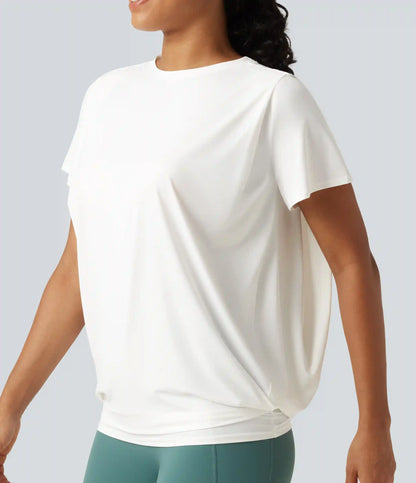 Round Neck Short Sleeve Ruched InstantCool Yoga Sports Top-Longer Length-UPF50+