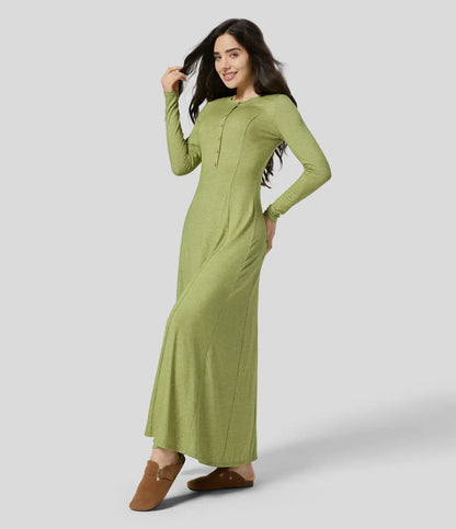 Henley Long Sleeve Flare Maxi Casual Dress