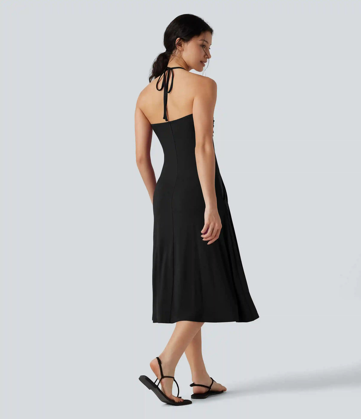 Halter Tie Back A-Line Midi Dress with Pockets