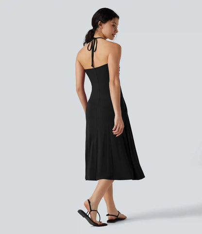 Halter Tie Back A-Line Midi Dress with Pockets