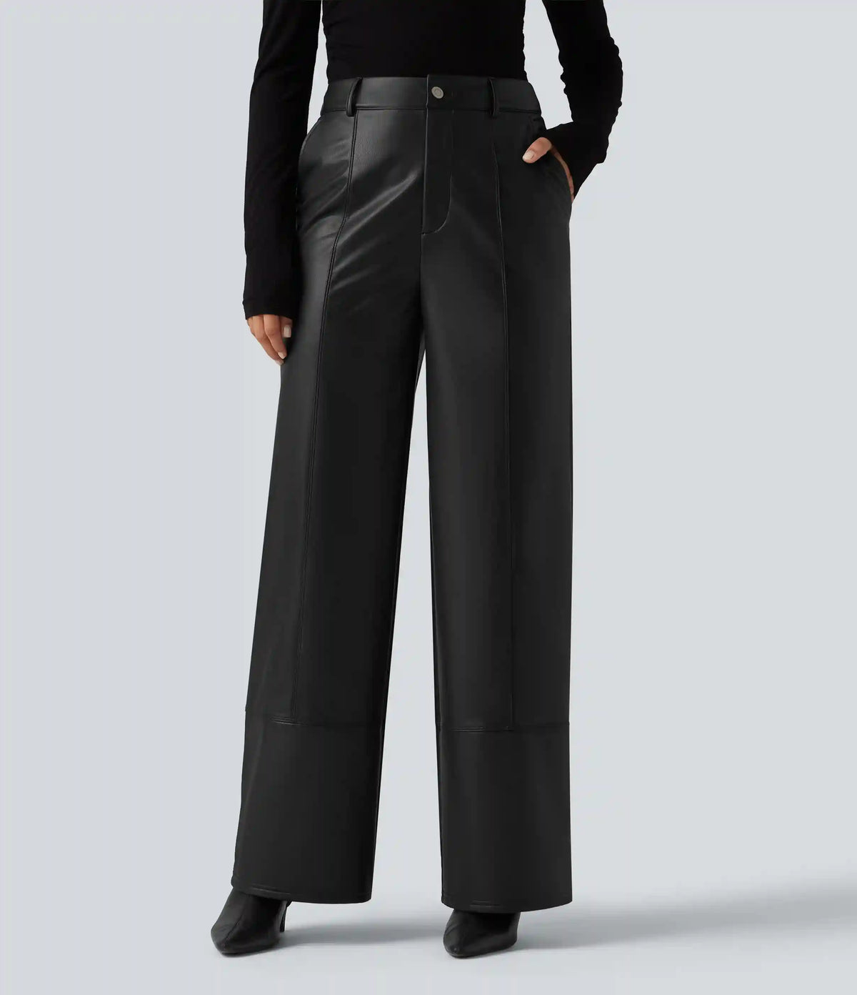 High Waisted Straight Leg Seam Stretchy PU Fleece Casual Leather Pants with Pockets