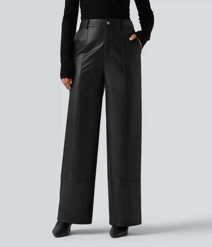 High Waisted Straight Leg Seam Stretchy PU Fleece Casual Leather Pants with Pockets
