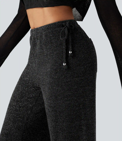 Ribbed Knit Sparkle Mid Rise Drawstring Wide Leg Casual Pants with Pockets