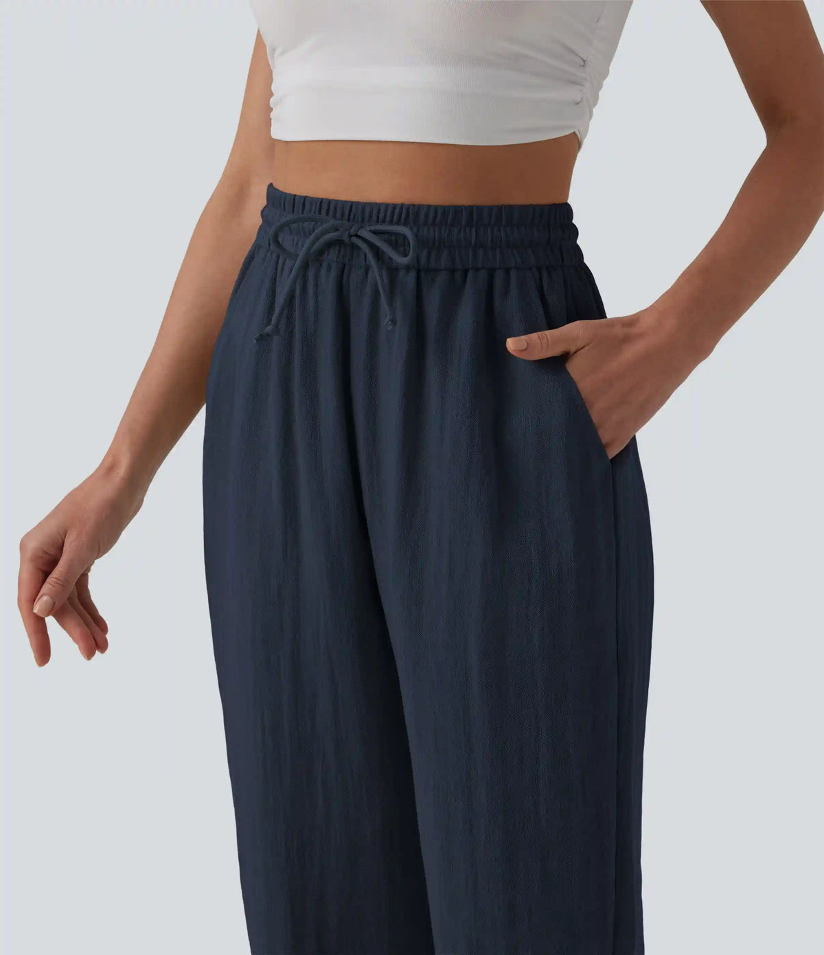 High Waisted Drawstring Wide Leg Casual Linen-Feel Joggers with Pockets
