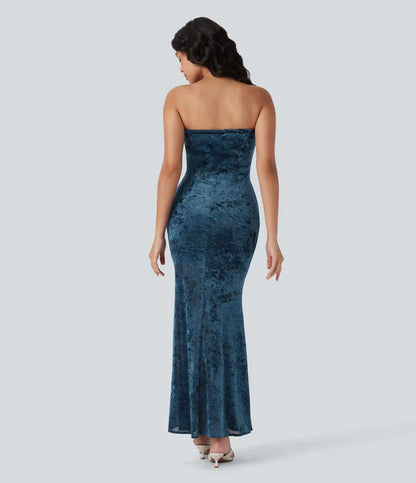 Tube Tie Front Bodycon Mermaid Velvet Mesh Maxi Dress