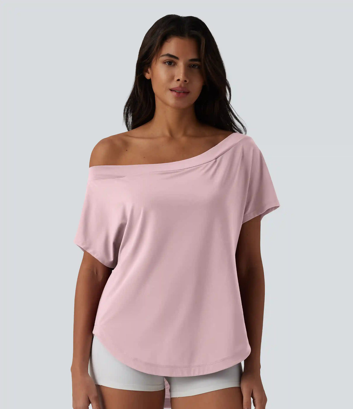 One Shoulder Short Sleeve Curved Hem High Low Quick Dry Yoga Sports Top-Built-in Bra