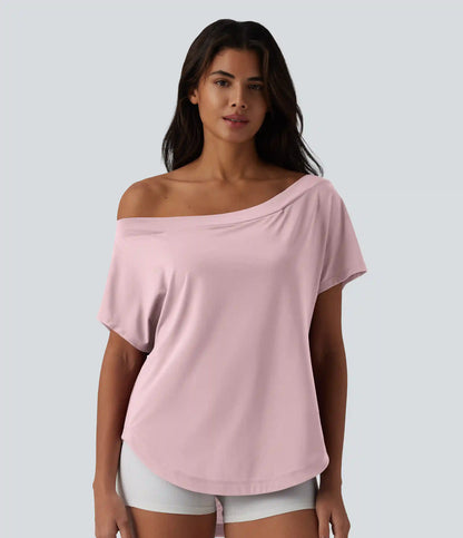 One Shoulder Short Sleeve Curved Hem High Low Quick Dry Yoga Sports Top-Built-in Bra