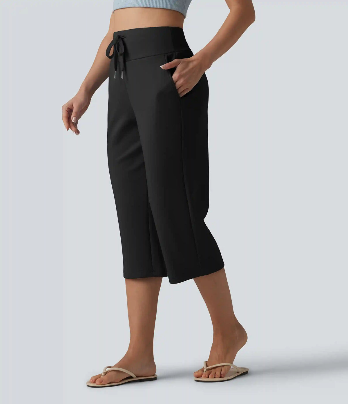 High Waisted Drawstring Straight Leg Capri Casual Pants with Pockets