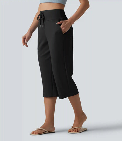 High Waisted Drawstring Straight Leg Capri Casual Pants with Pockets