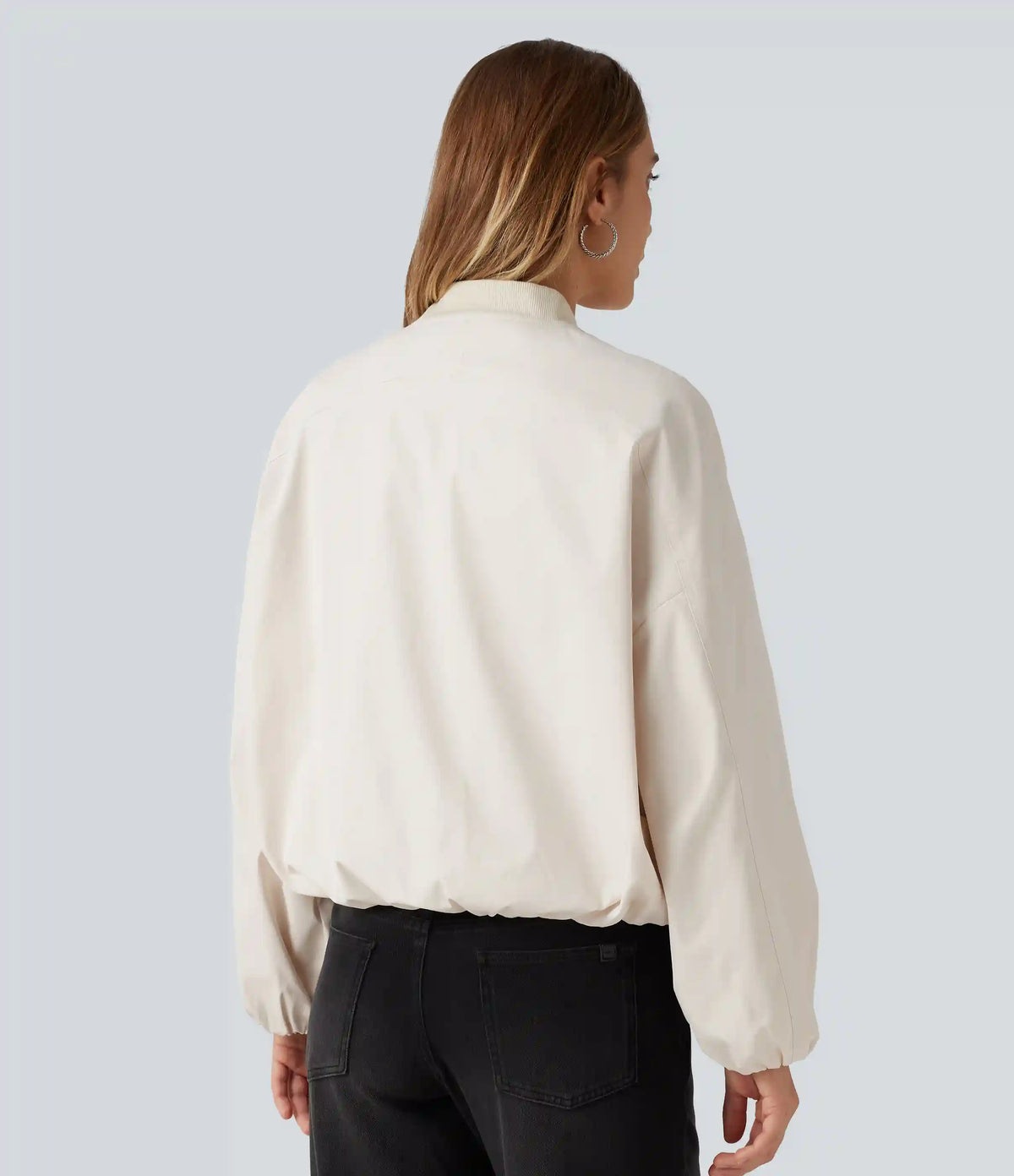 Round Neck Long Sleeve Casual Bomber Jacket with Pockets