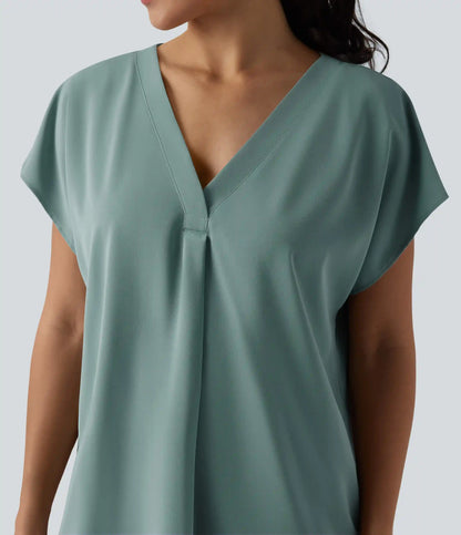 Wrinkle Recovery V-neck Short Sleeve Oversized Work Blouse