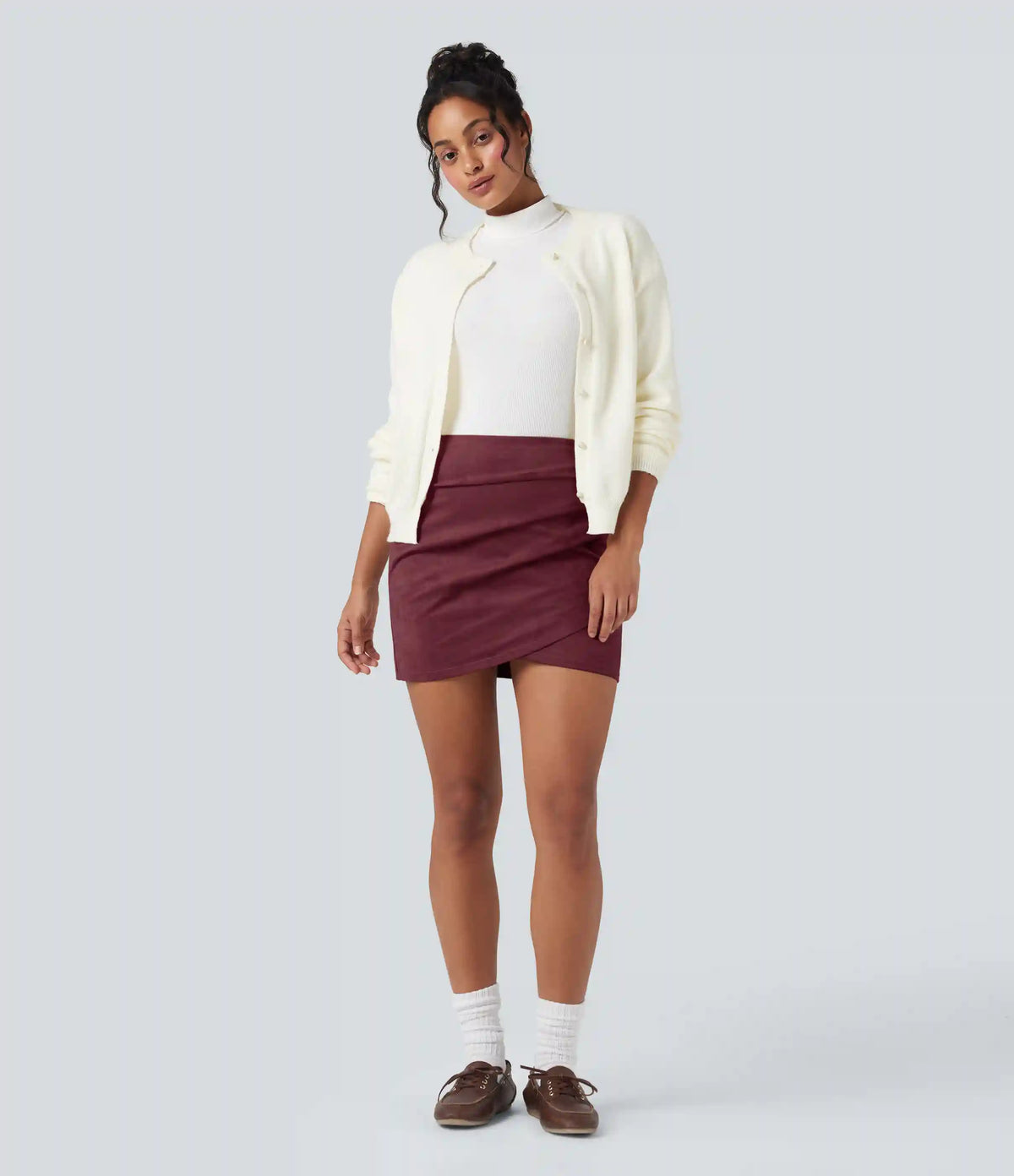 High Waisted Ruched Crossover Hem Bodycon Mini Suede Casual Skirt