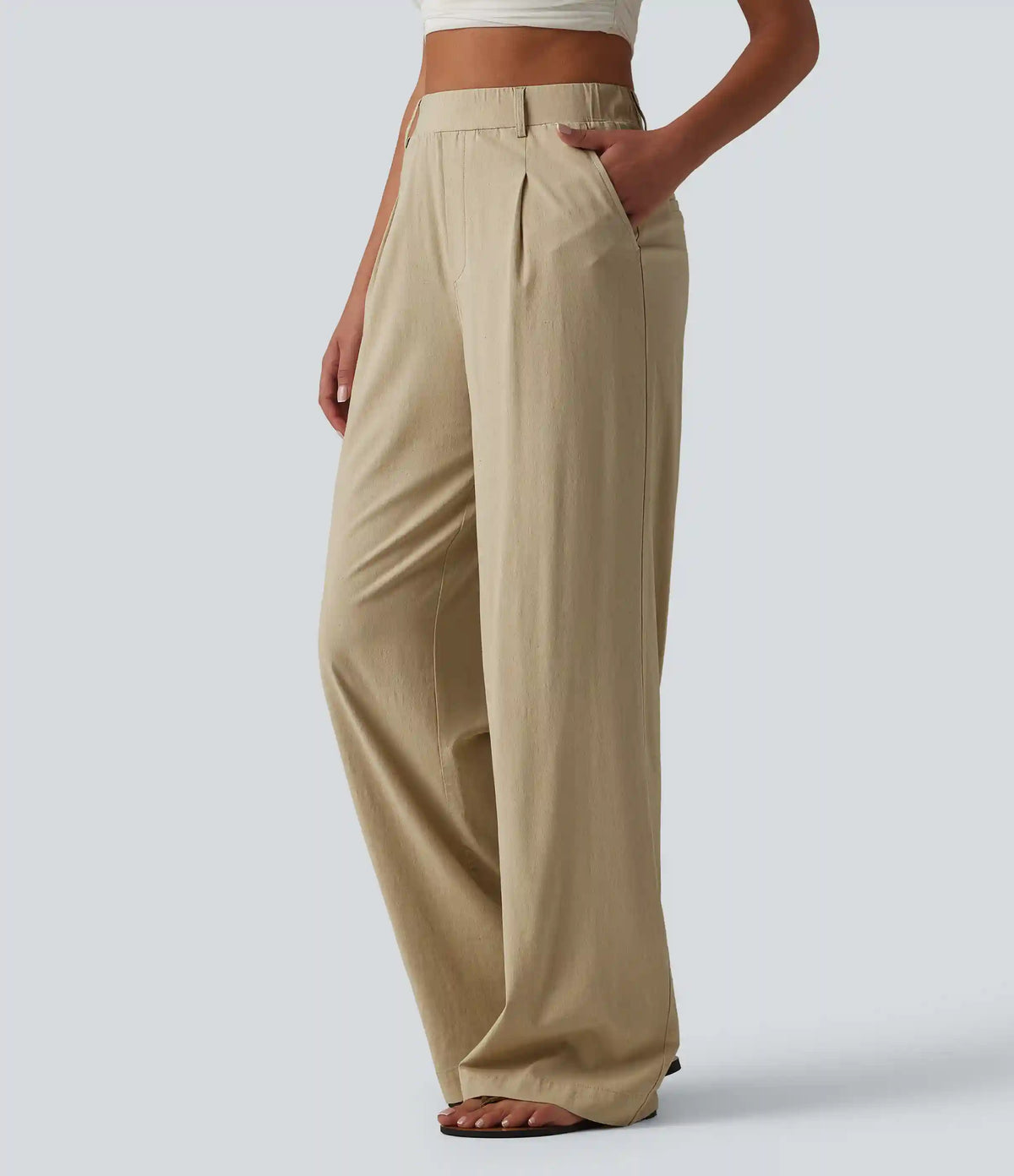 High Waisted Straight Leg Casual Stretch Linen Pants with Pockets