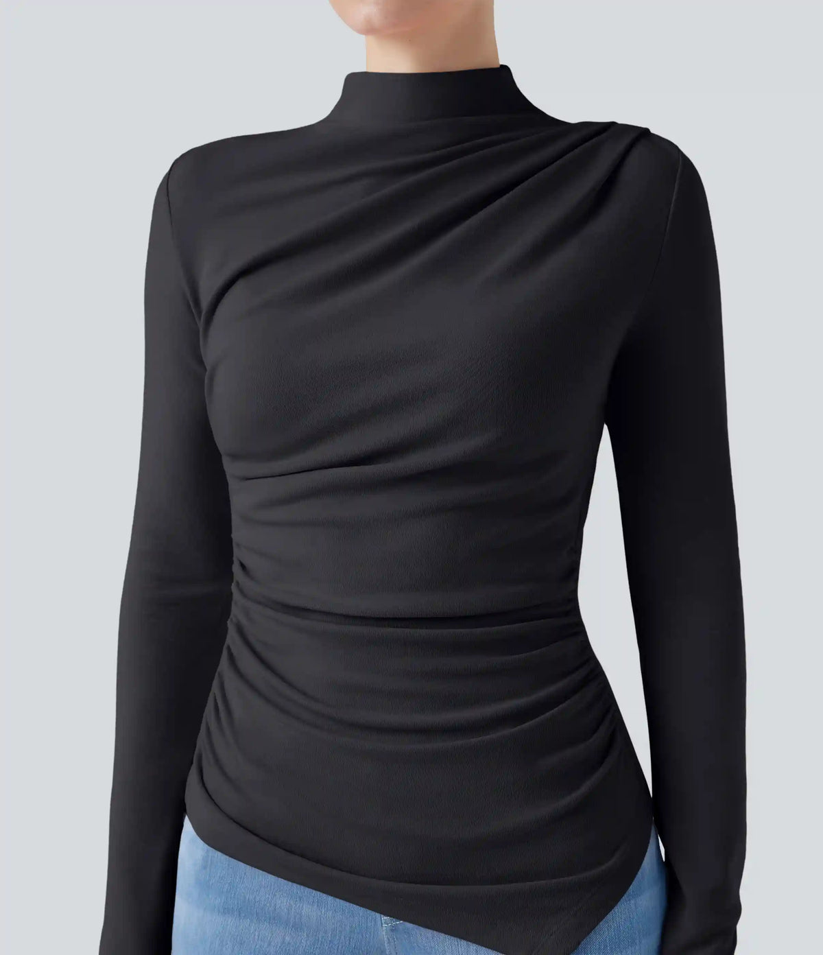Mock-neck Long Sleeve Ruched Asymmetric Hem Thermal Casual Top