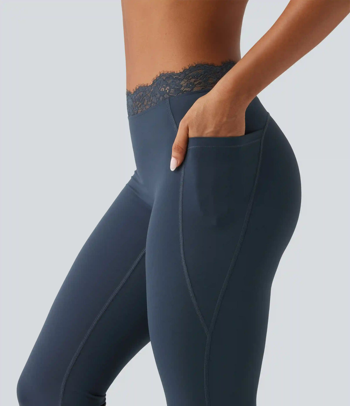 Halara UltraSculpt™ Mid Rise Contrast Lace Ruched Flare Yoga Leggings with Pockets
