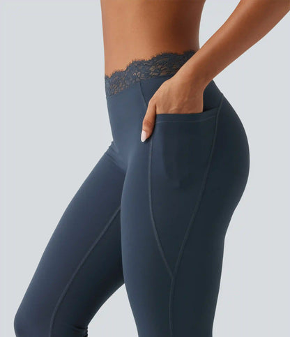 Halara UltraSculpt™ Mid Rise Contrast Lace Ruched Flare Yoga Leggings with Pockets