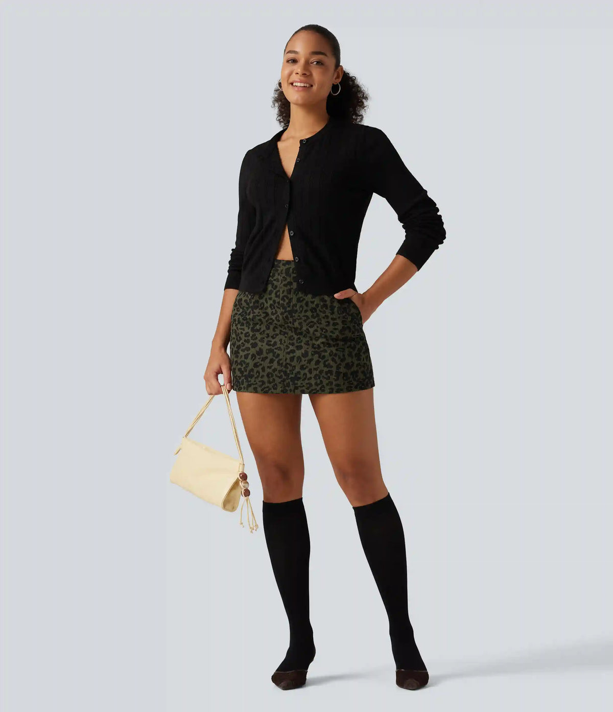 High Waisted Leopard Print Corduroy Casual Mini Skirt with Built-in Shorts and Pockets
