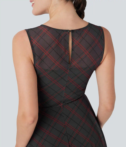 Sleeveless Plaid Contrast Mesh 2-in-1 Mini Casual Dress with Pocket