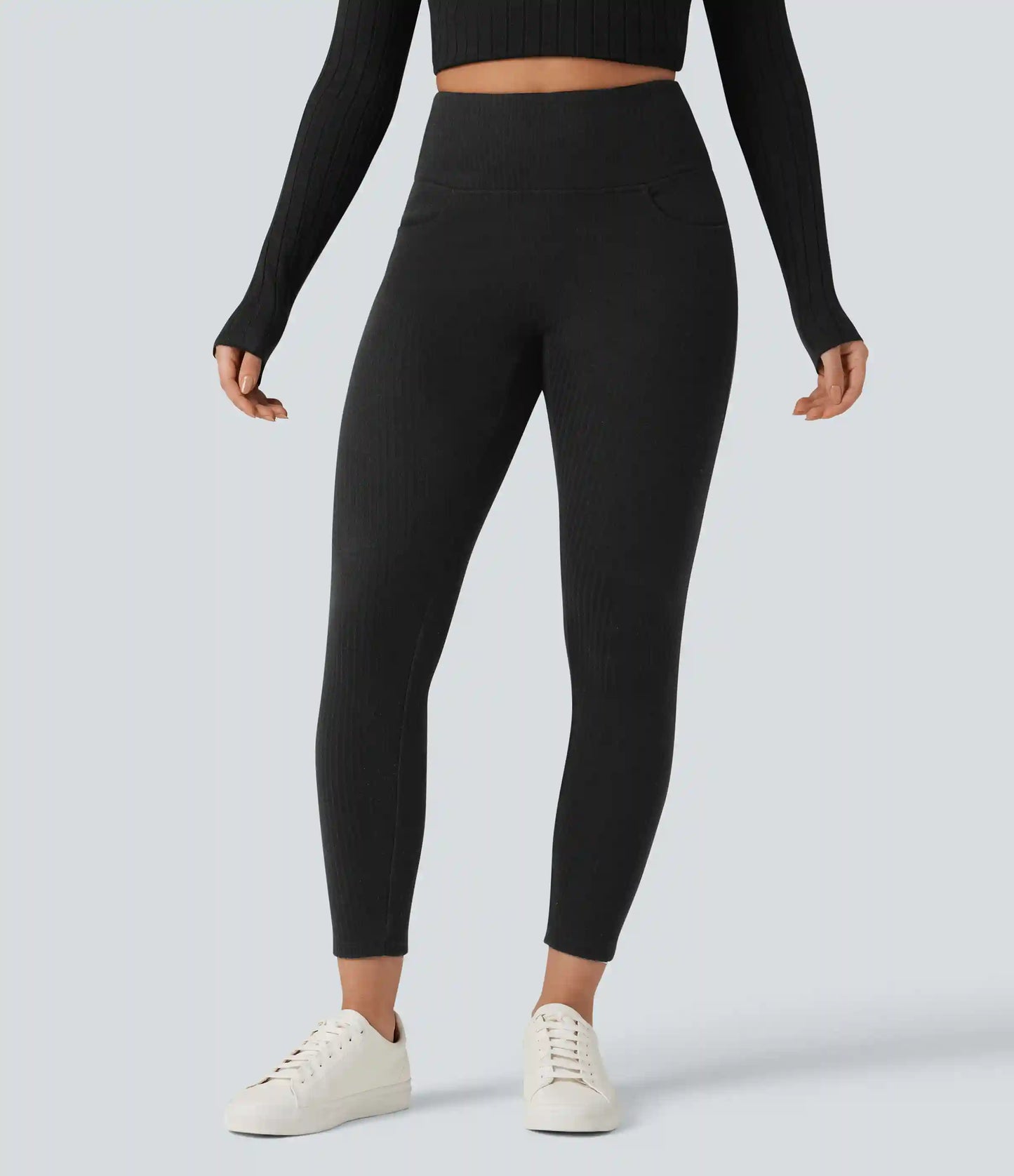 Ribbed Knit High Waisted Crisscross Back Casual Leggings with Pockets