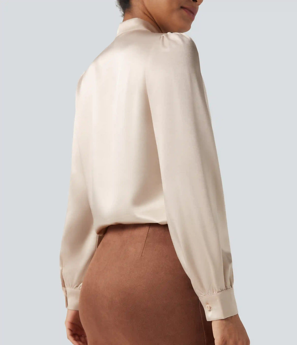 Tie Front Long Sleeve Satin Work Shirt
