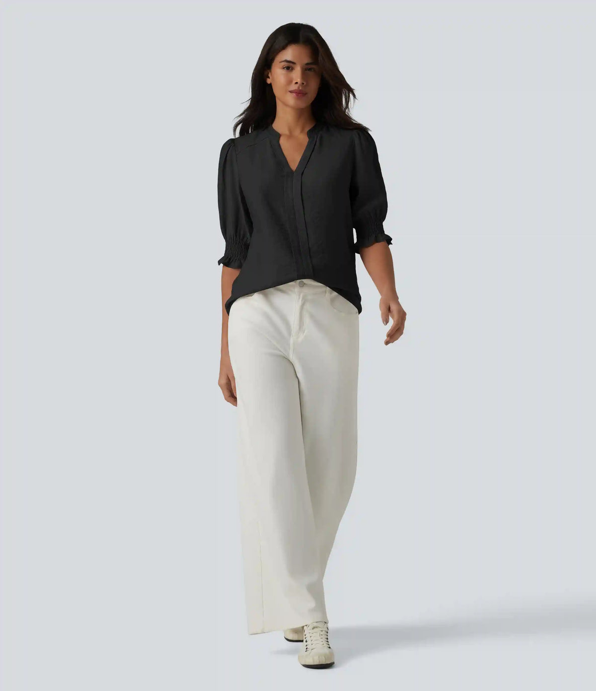 V Neck Puff Short Sleeve Casual Blouse