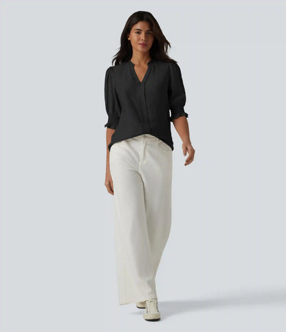 V Neck Puff Short Sleeve Casual Blouse