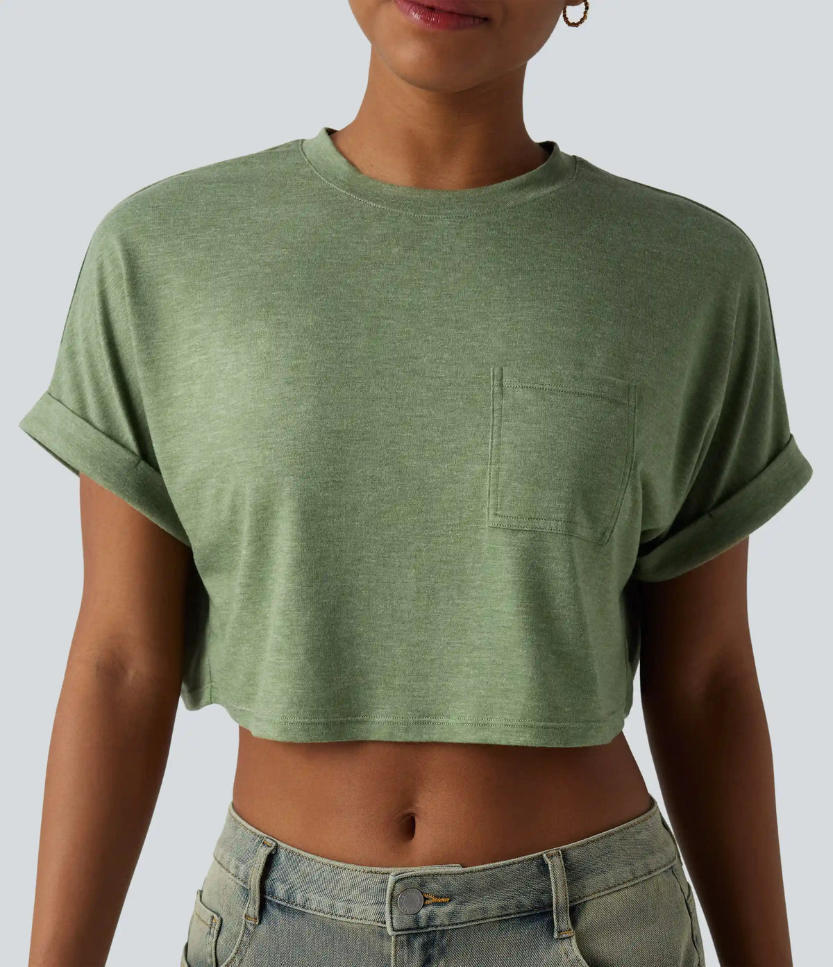 Round Neck Short Sleeve Relaxed Cropped Heathered Casual T-Shirt with Pocket