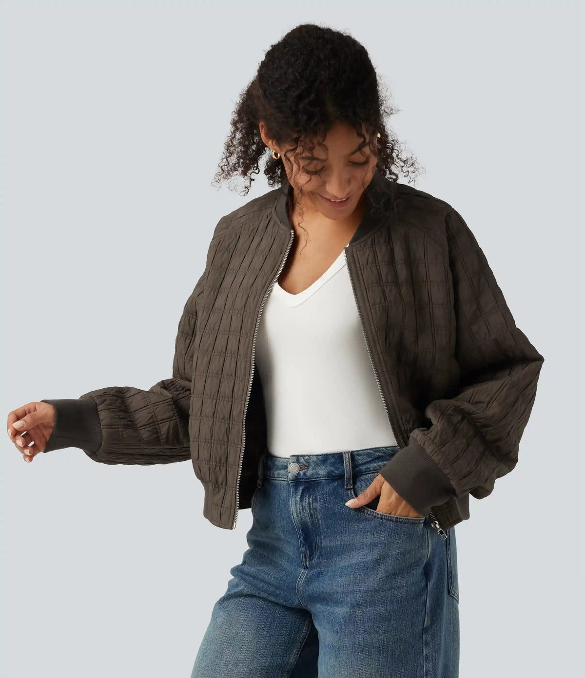 Stand Collar Long Sleeve Casual Bomber Jacket with Pockets