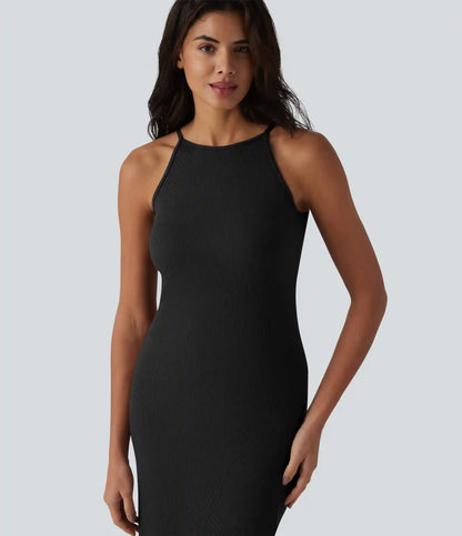 Ribbed Knit Round Neck Midi Casual Slip Dress