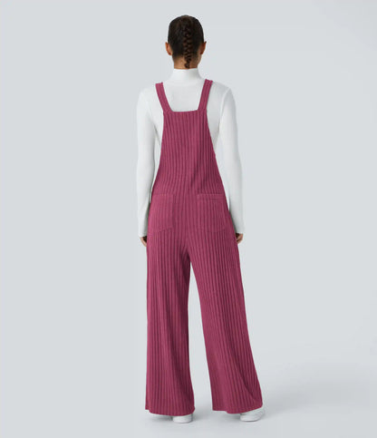 Ribbed Knit Pockets Casual Overalls